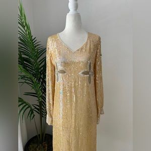 Vintage Cream Beaded Sequined Midi Party Dress